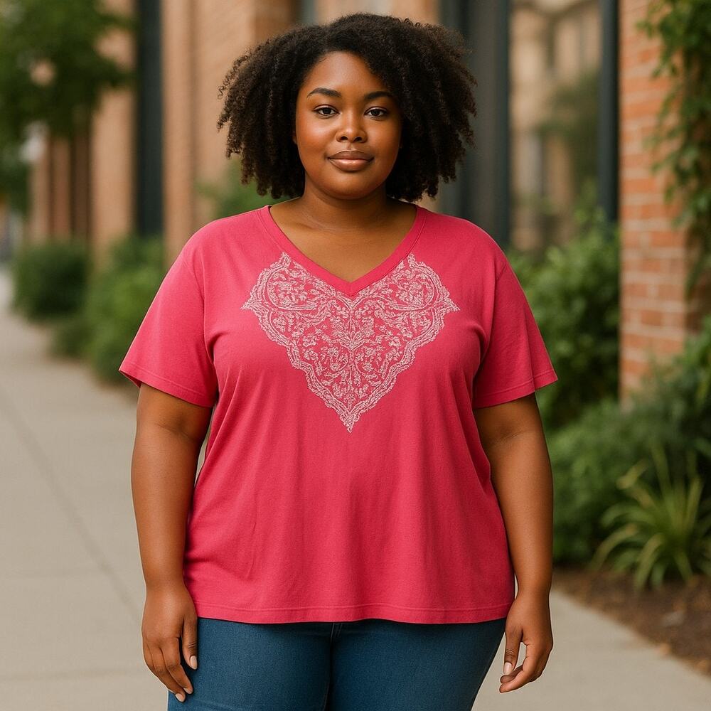 Lane Bryant Womens Top Size 26 28 Salmon‎ Bling Neckline Decoration Short Sleeve